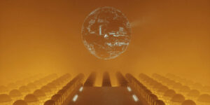 An image of rows of coding underneath an image of the globe