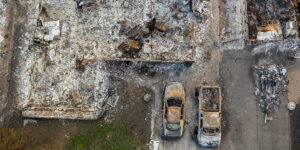 Aerial view of burned down houses from wildfire